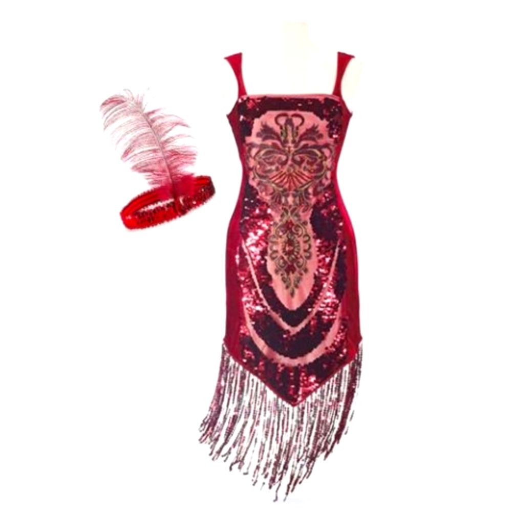 Womens Halloween Costume Size Small Red Sequined Flapper Dress (No headband)